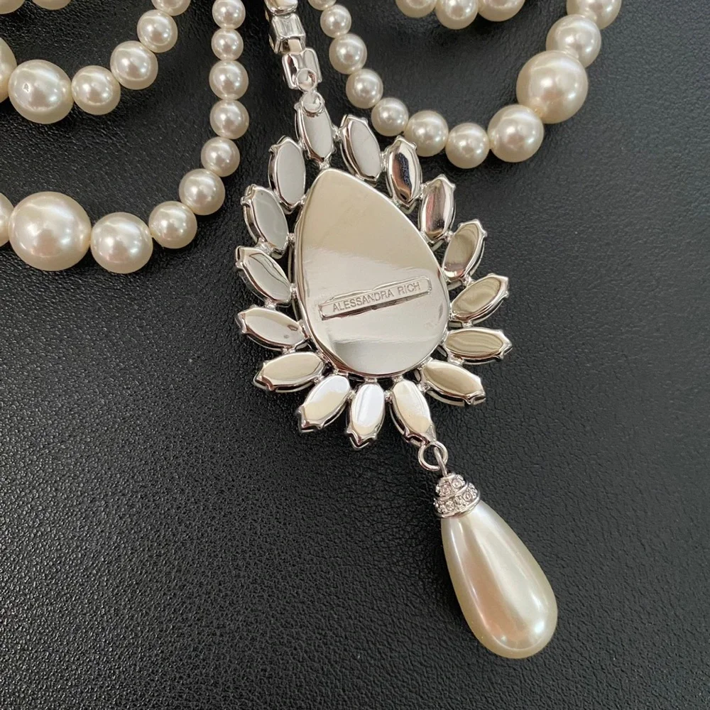 Alessandra Rich Ivory Pearl Multi-Strand Necklace with Crystal Drop